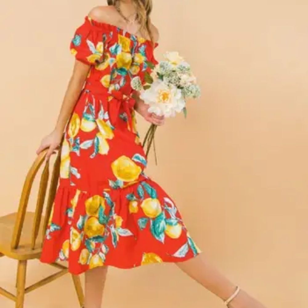 NEW Flying Tomato READY FOR ANYTHING WOVEN ANKLE Lemons on red dress